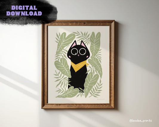 digital download print, cute Bandana Cat print, illustrated cat print for home decor and gallery wall, instant download, affordable art, cat lover gift, art by Booba Prints