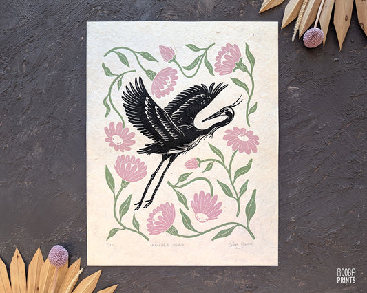Heron and Flowers Linocut Print ✷ Ethereal Heron Nature Wall Art