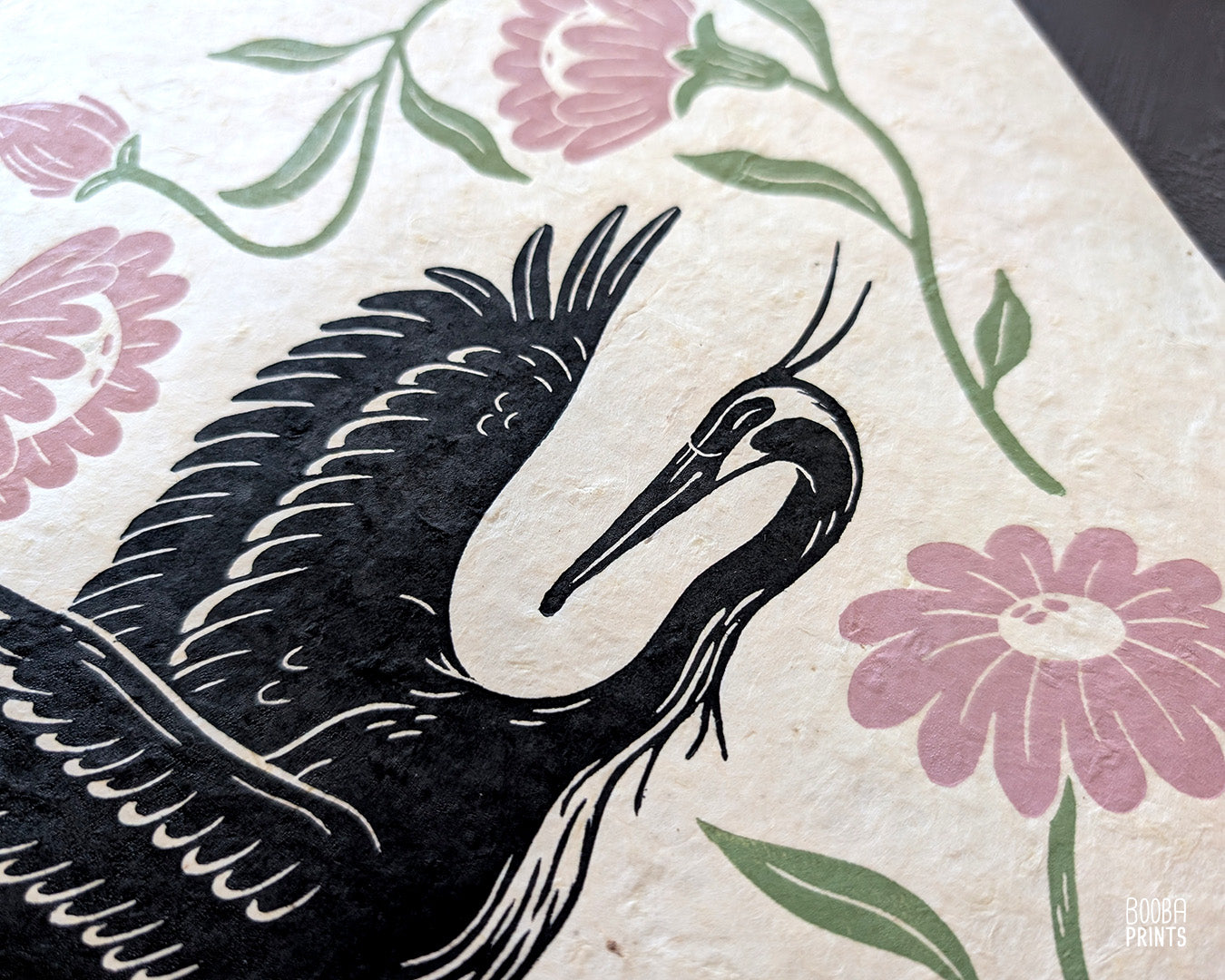 Heron and Flowers Linocut Print ✷ Ethereal Heron Nature Wall Art