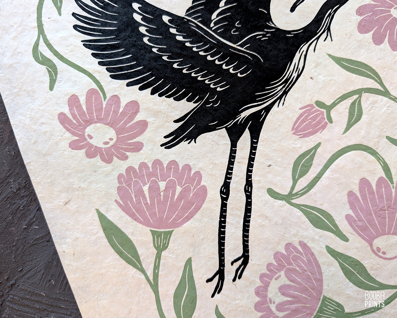 Heron and Flowers Linocut Print ✷ Ethereal Heron Nature Wall Art