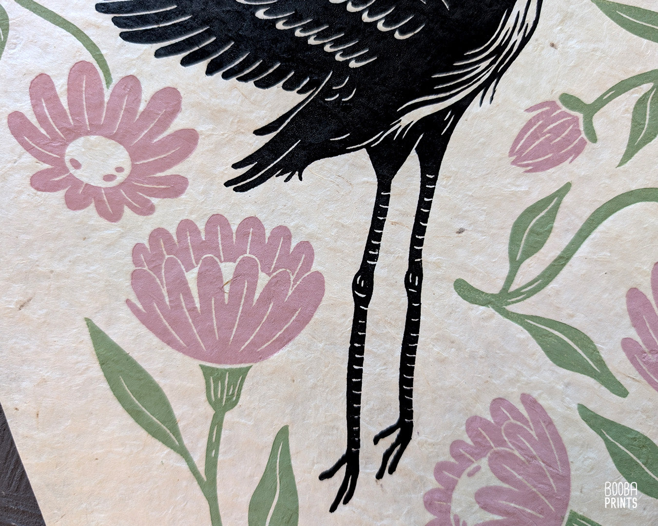 Heron and Flowers Linocut Print ✷ Ethereal Heron Nature Wall Art
