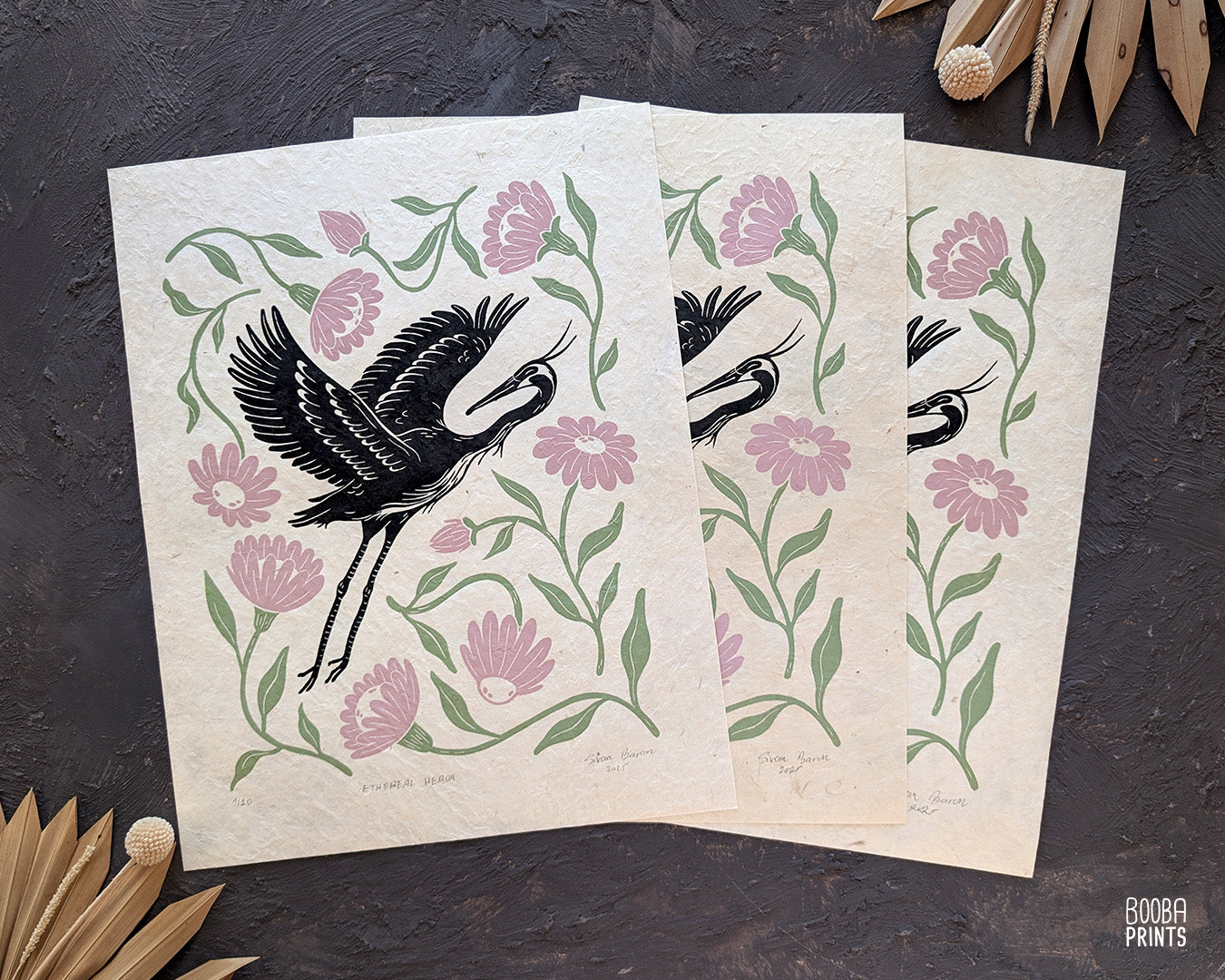 Heron and Flowers Linocut Print ✷ Ethereal Heron Nature Wall Art