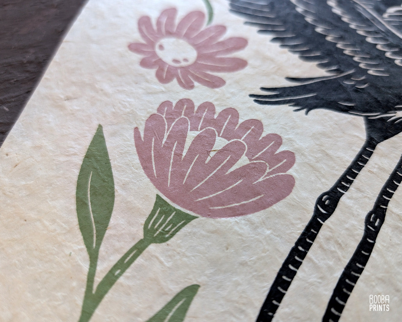 Heron and Flowers Linocut Print ✷ Ethereal Heron Nature Wall Art