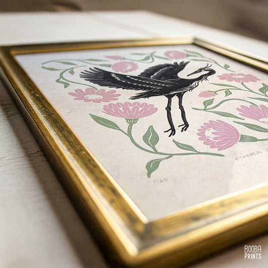 Heron and Flowers Linocut Print ✷ Ethereal Heron Nature Wall Art