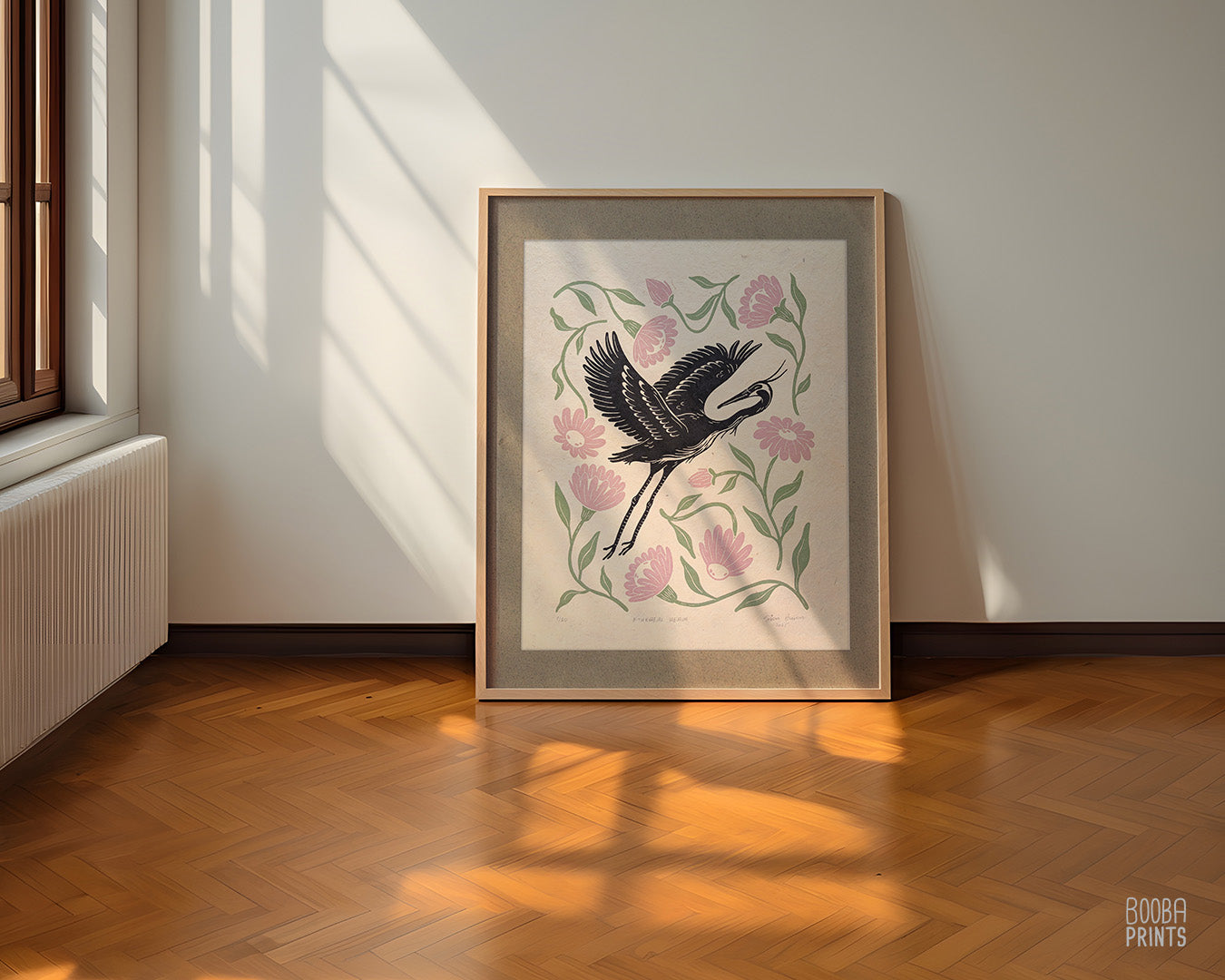 Heron and Flowers Linocut Print ✷ Ethereal Heron Nature Wall Art