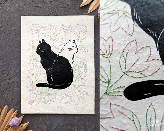 "The Conflict" Hand Printed & Hand Embroidered Linocut Print ✷ Mixed Media Artwork