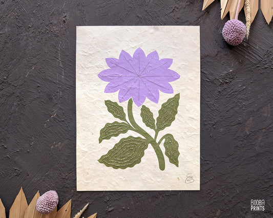 Flower Linocut Print Green & Purple Stylized "Diamond Flower" ✷ Hand Embroidered Original Artwork