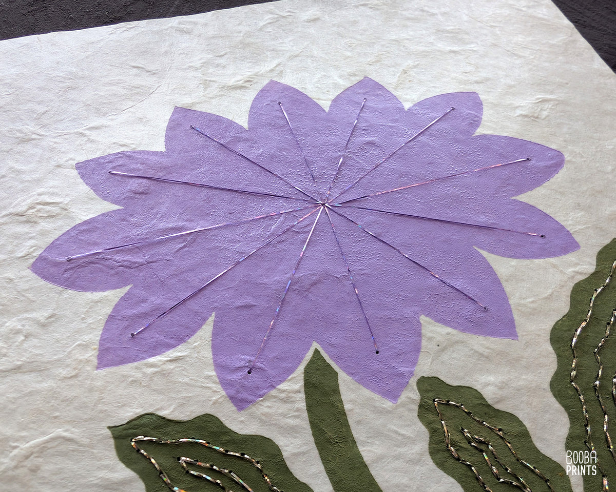 Flower Linocut Print Green & Purple Stylized "Diamond Flower" ✷ Hand Embroidered Original Artwork
