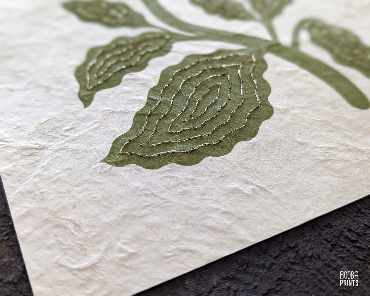 Flower Linocut Print Green & Purple Stylized "Diamond Flower" ✷ Hand Embroidered Original Artwork