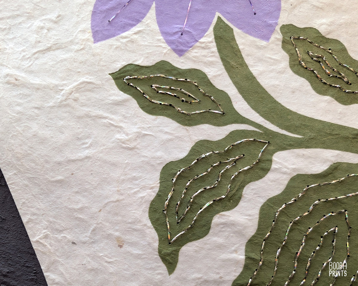 Flower Linocut Print Green & Purple Stylized "Diamond Flower" ✷ Hand Embroidered Original Artwork