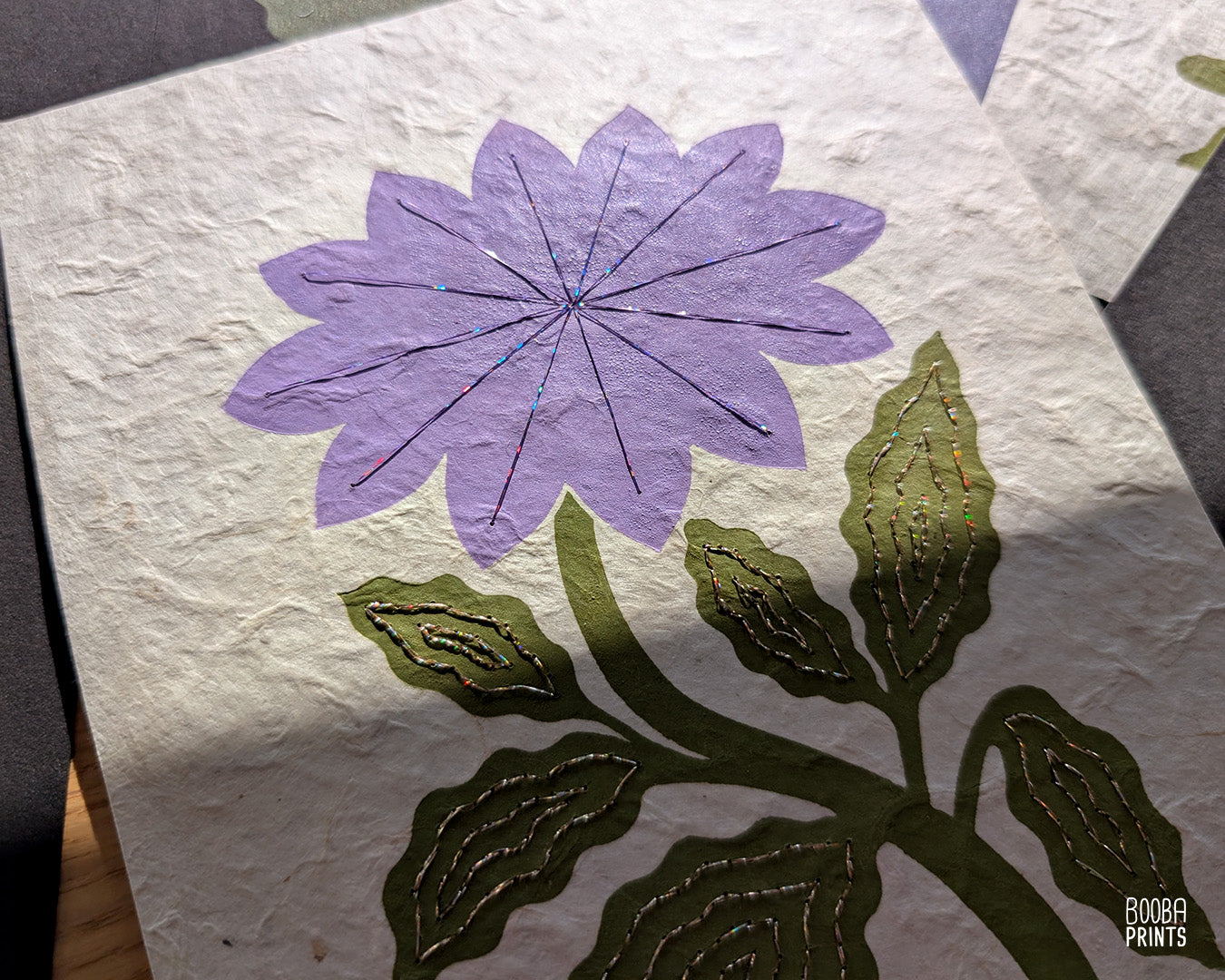 Flower Linocut Print Green & Purple Stylized "Diamond Flower" ✷ Hand Embroidered Original Artwork
