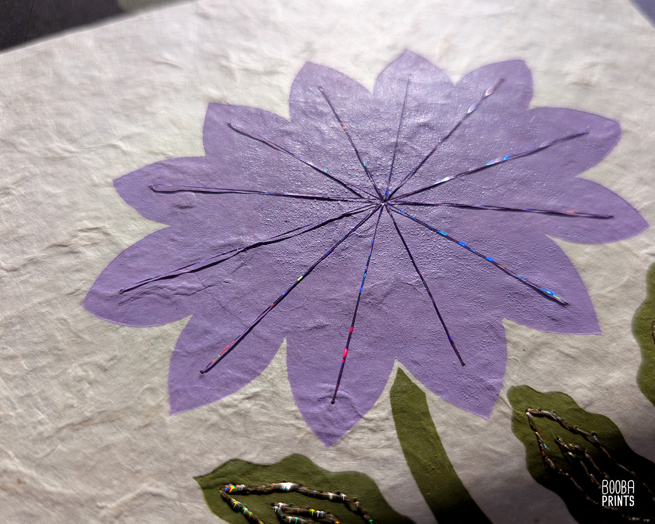 Flower Linocut Print Green & Purple Stylized "Diamond Flower" ✷ Hand Embroidered Original Artwork