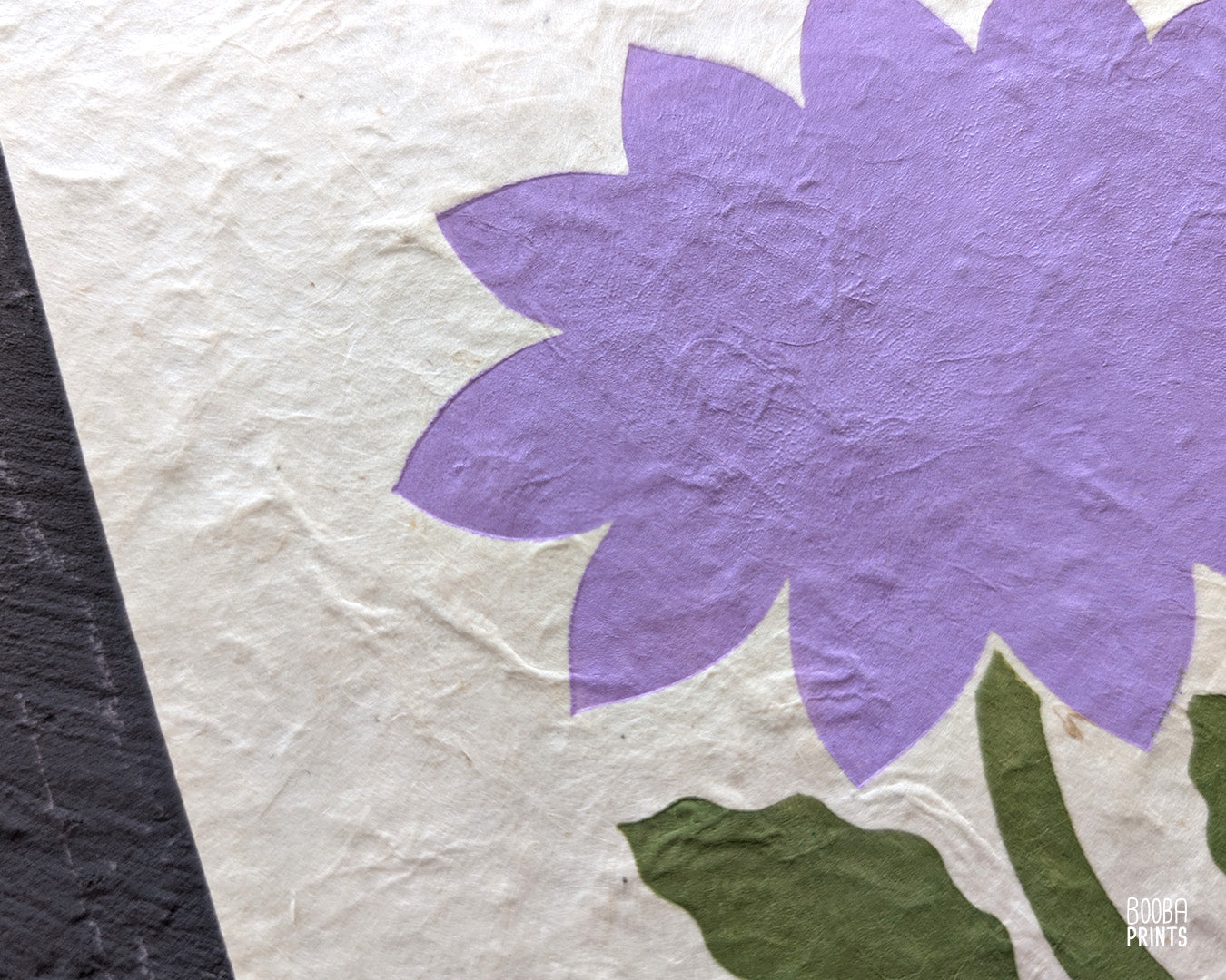 Flower Linocut Print Green & Purple Stylized "Diamond Flower" ✷ Hand Embroidered Original Artwork