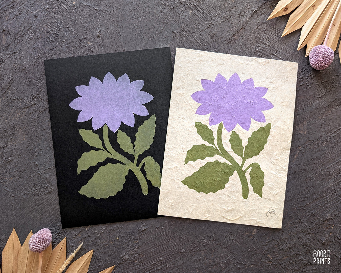 Flower Linocut Print Green & Purple "Diamond Flower" Version 2 ✷ Hand Embroidered Original Artwork