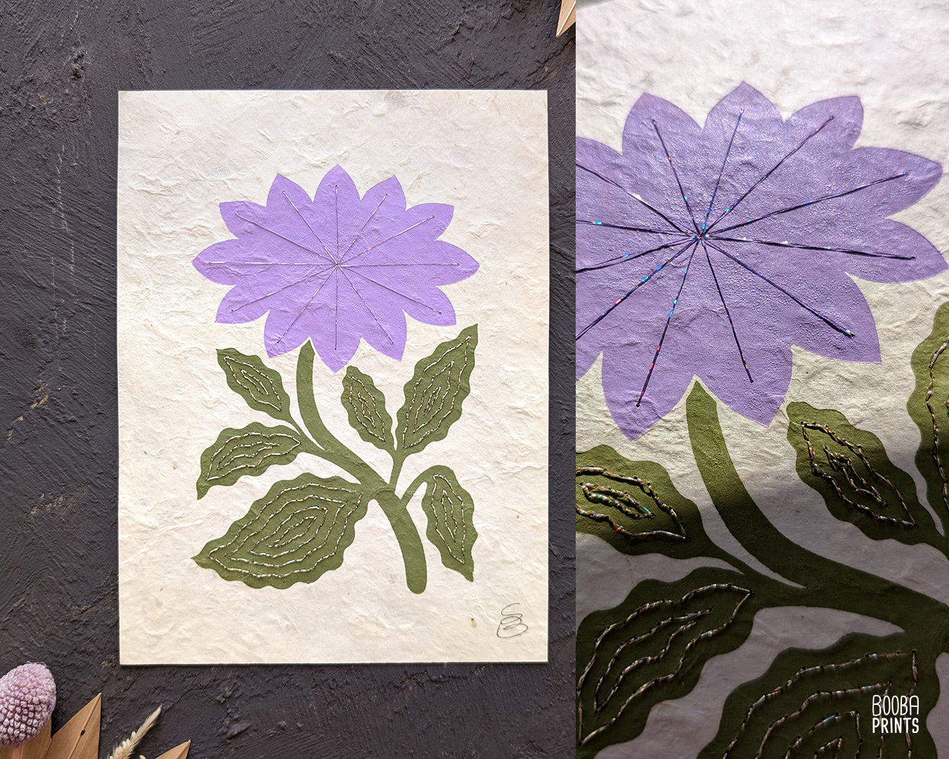 Flower Linocut Print Green & Purple Stylized "Diamond Flower" ✷ Hand Embroidered Original Artwork