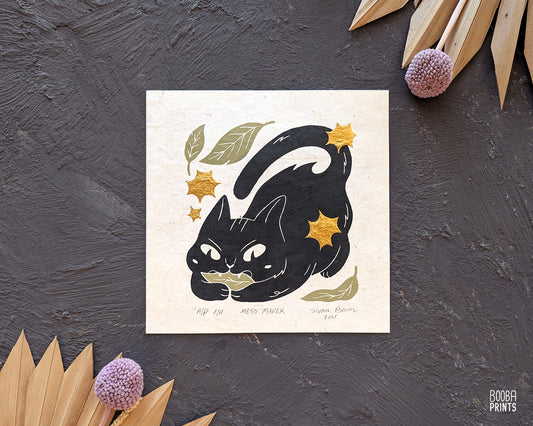 Cat Eating Leaf Linocut Print "Mess Maker" ✷ Whimsical Cat Art