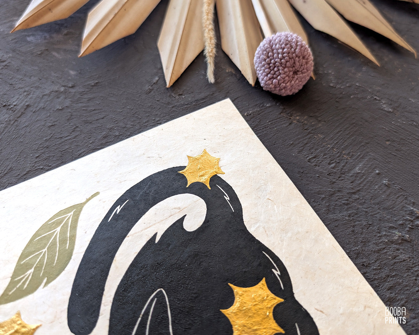 Cat Eating Leaf Linocut Print "Mess Maker" ✷ Whimsical Cat Art