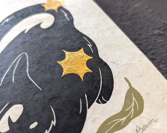 Cat Eating Leaf Linocut Print "Mess Maker" ✷ Whimsical Cat Art