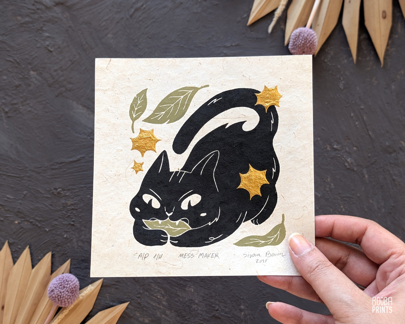 Cat Eating Leaf Linocut Print "Mess Maker" ✷ Whimsical Cat Art