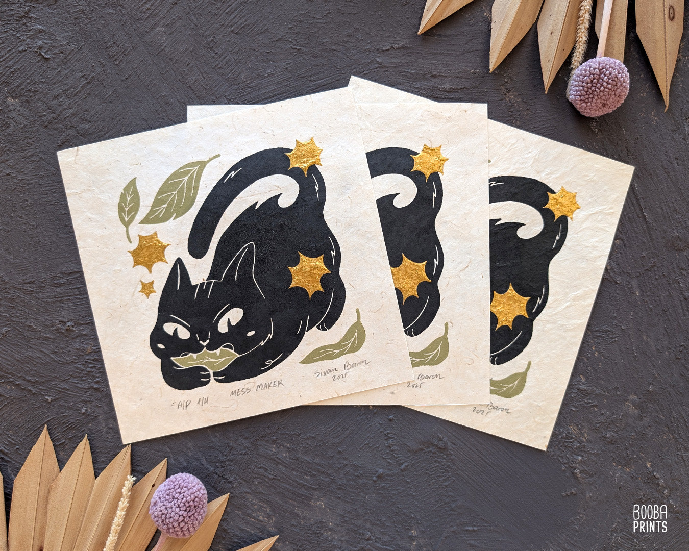 Cat Eating Leaf Linocut Print "Mess Maker" ✷ Whimsical Cat Art