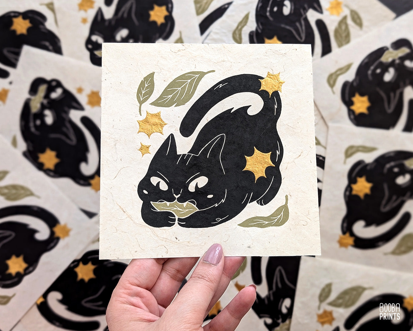 Cat Eating Leaf Linocut Print "Mess Maker" ✷ Whimsical Cat Art