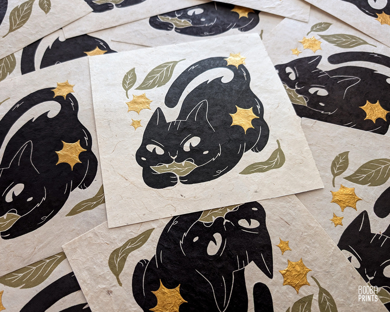 Cat Eating Leaf Linocut Print "Mess Maker" ✷ Whimsical Cat Art