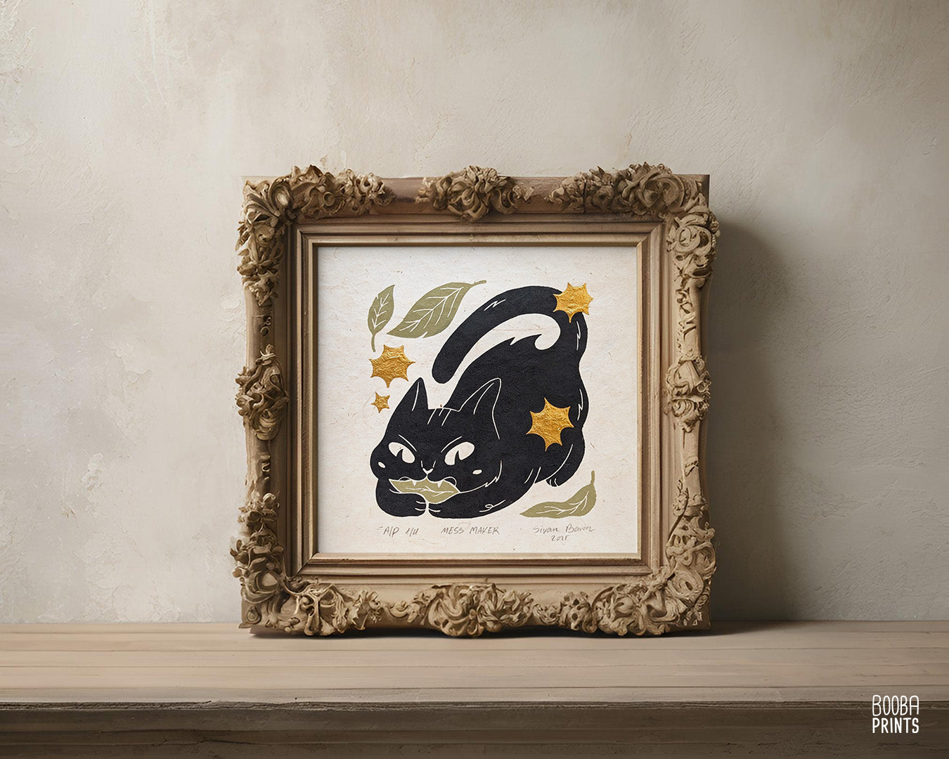 Cat Eating Leaf Linocut Print "Mess Maker" ✷ Whimsical Cat Art