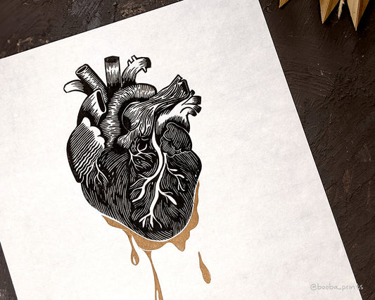 Super Seconds Festival 2023 print. Handmade linocut original print of bleeding heart. Hand printed with 2 colors of oil based ink. Printed in black and gold on white paper. Sale price discounted print 35% off.