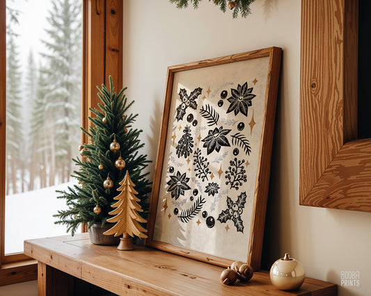 Christmas Flowers Linocut Print