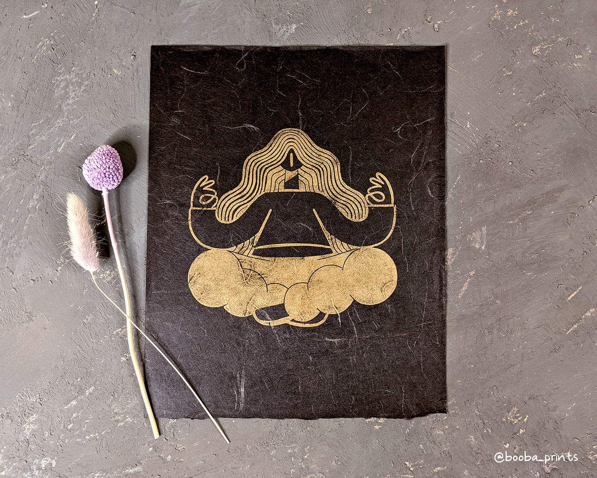 Golden Meditation Zen Linocut Print