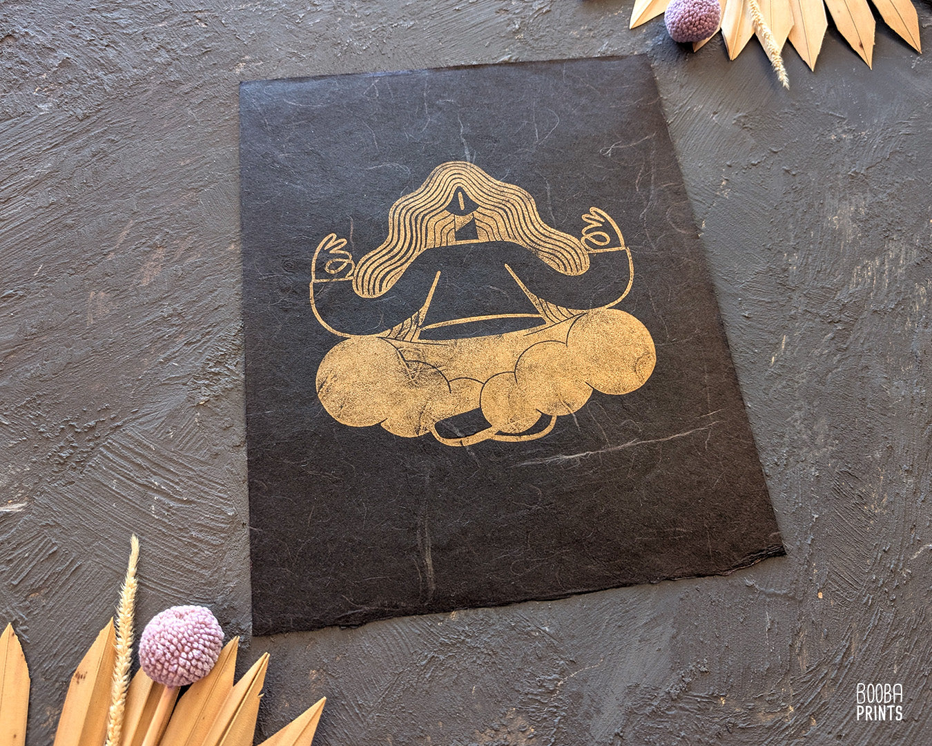Golden Meditation Linocut Print ✷ 60%-70% Off