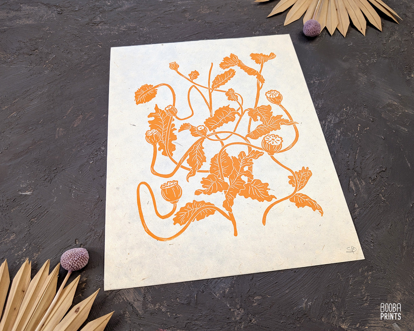 Orange Fall Flowers Linocut Print ✷ 50% Off