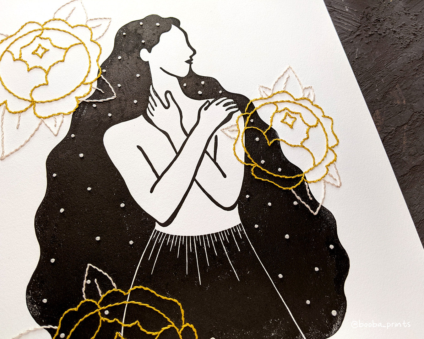 Handmade linocut print of Peony Lady and 3 embroidered peony flowers. Printed on warm printmaking paper with oil based ink and finished with embroidery floss in yellow and cream. Super Seconds Festival sale price 50% off. Art by Booba Prints.