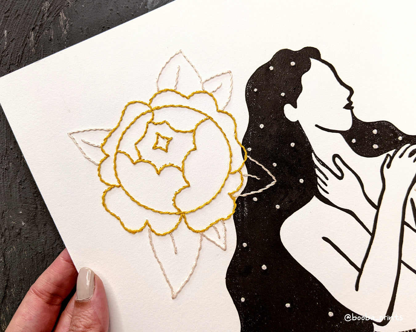 Handmade linocut print of Peony Lady and 3 embroidered peony flowers. Printed on warm printmaking paper with oil based ink and finished with embroidery floss in yellow and cream. Super Seconds Festival sale price 50% off. Art by Booba Prints.