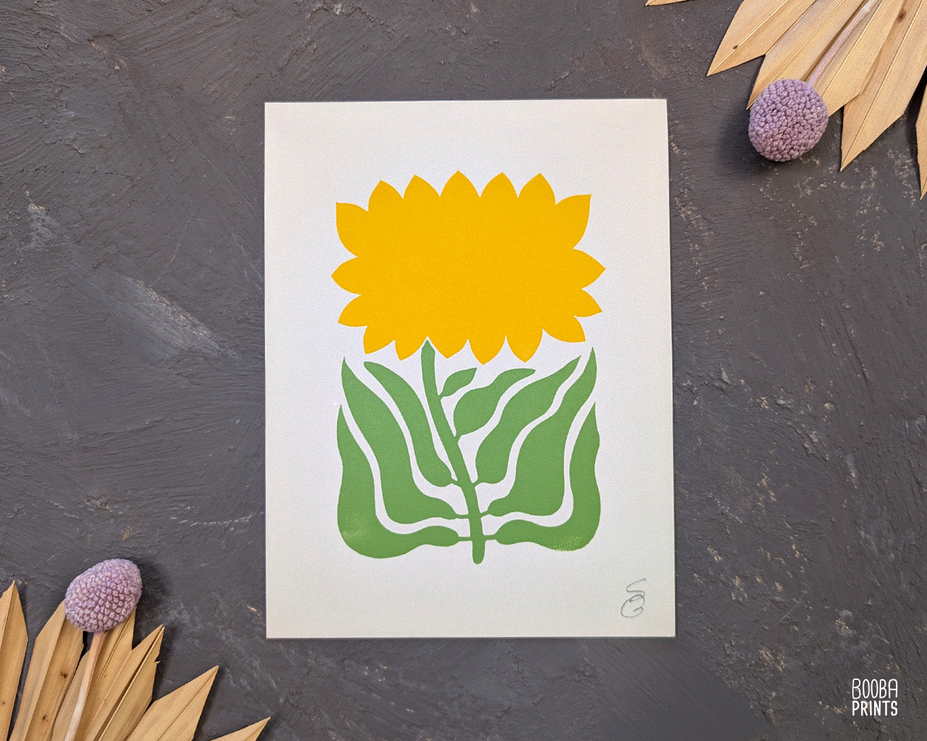 Hand Embroidered Floral Linocut Print ✷ "Sunshine Flower" Mixed Media Piece
