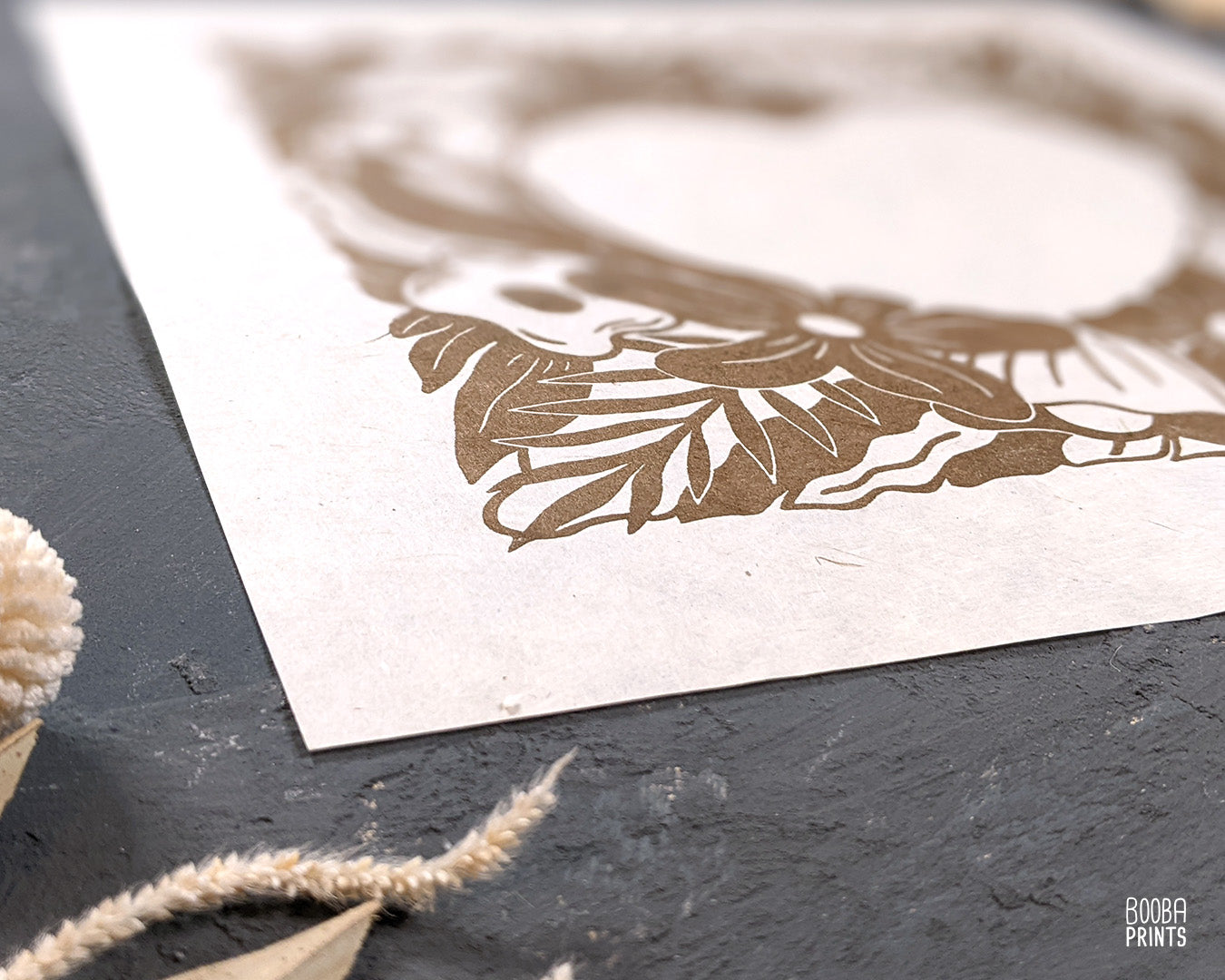 Heart Shaped Floral Linocut Print ✷ Handmade Botanical Wall Art