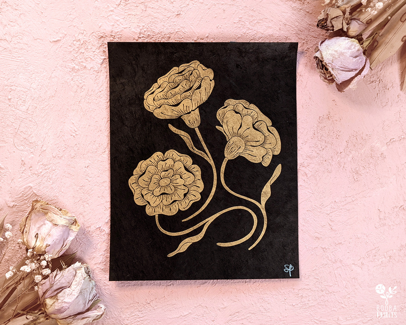 Handmade and original linocut floral print of 3 flowers. Floral design printed in metallic gold on black or purple Lokta paper. Flower love gift. Floral print by Booba Prints. Art by Booba Prints. Botanical print.