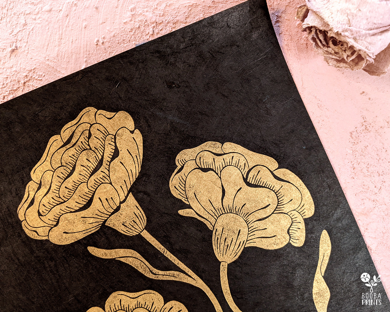 Handmade and original linocut floral print of 3 flowers. Floral design printed in metallic gold on black or purple Lokta paper. Flower love gift. Floral print by Booba Prints. Art by Booba Prints. Botanical print.
