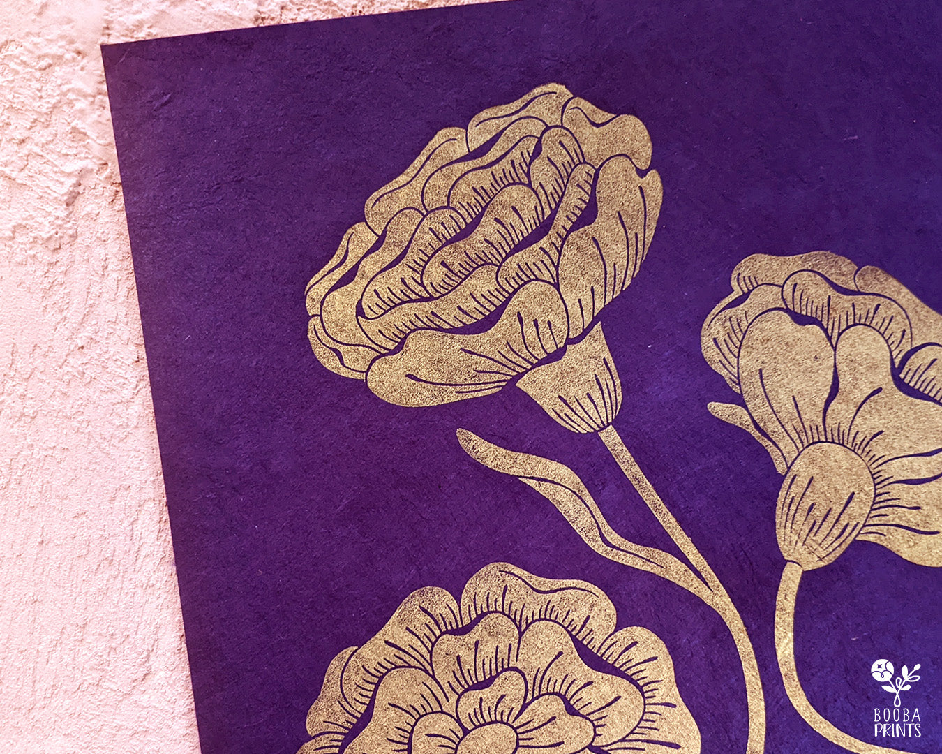 Handmade and original linocut floral print of 3 flowers. Floral design printed in metallic gold on black or purple Lokta paper. Flower love gift. Floral print by Booba Prints. Art by Booba Prints. Botanical print.
