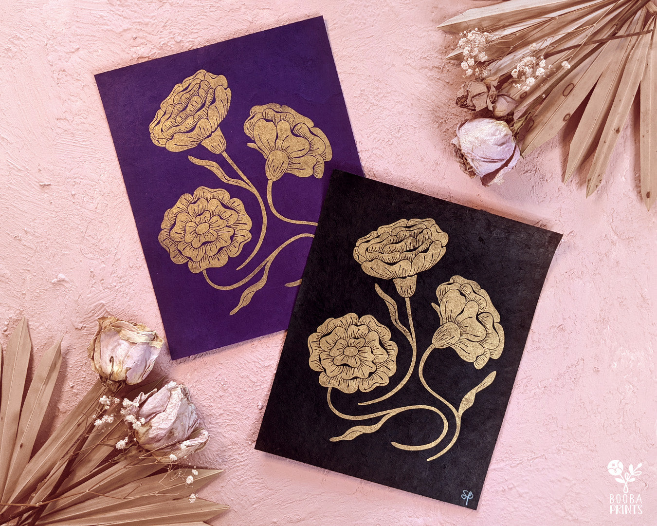Handmade and original linocut floral print of 3 flowers. Floral design printed in metallic gold on black or purple Lokta paper. Flower love gift. Floral print by Booba Prints. Art by Booba Prints. Botanical print.