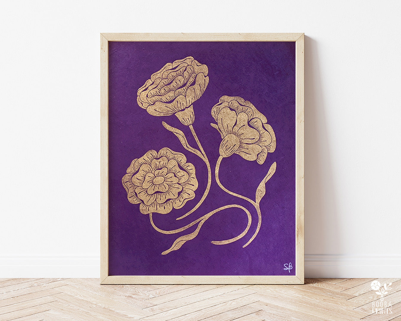3 Gold Flowers Linocut Print