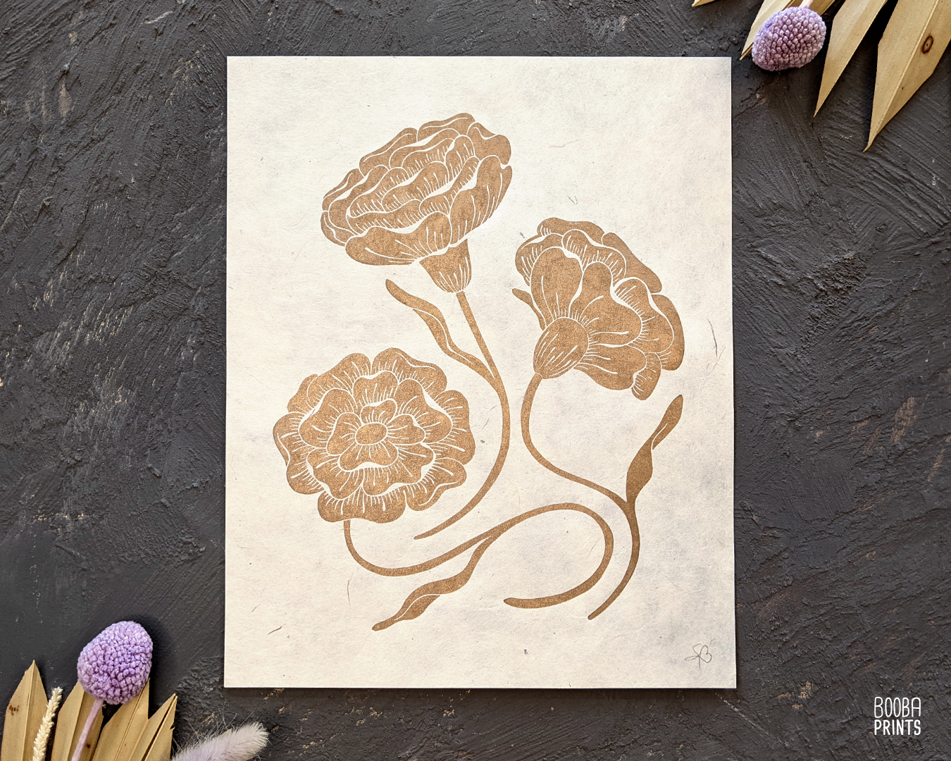 3 Gold Flowers Linocut Print