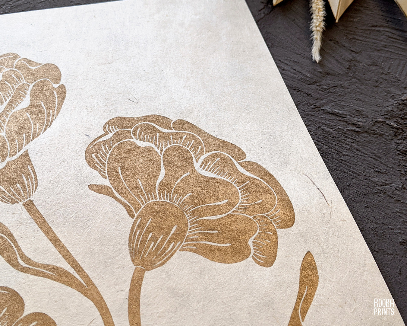 3 Gold Flowers Linocut Print