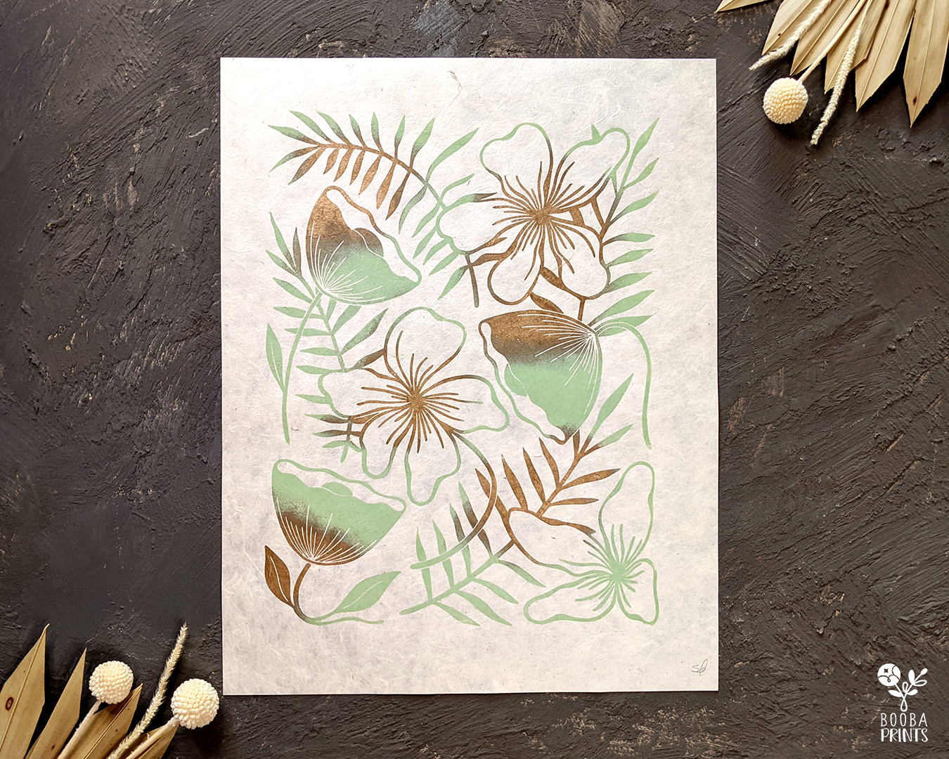 Limited Edition #7 Green & Gold Flowers Linocut Print