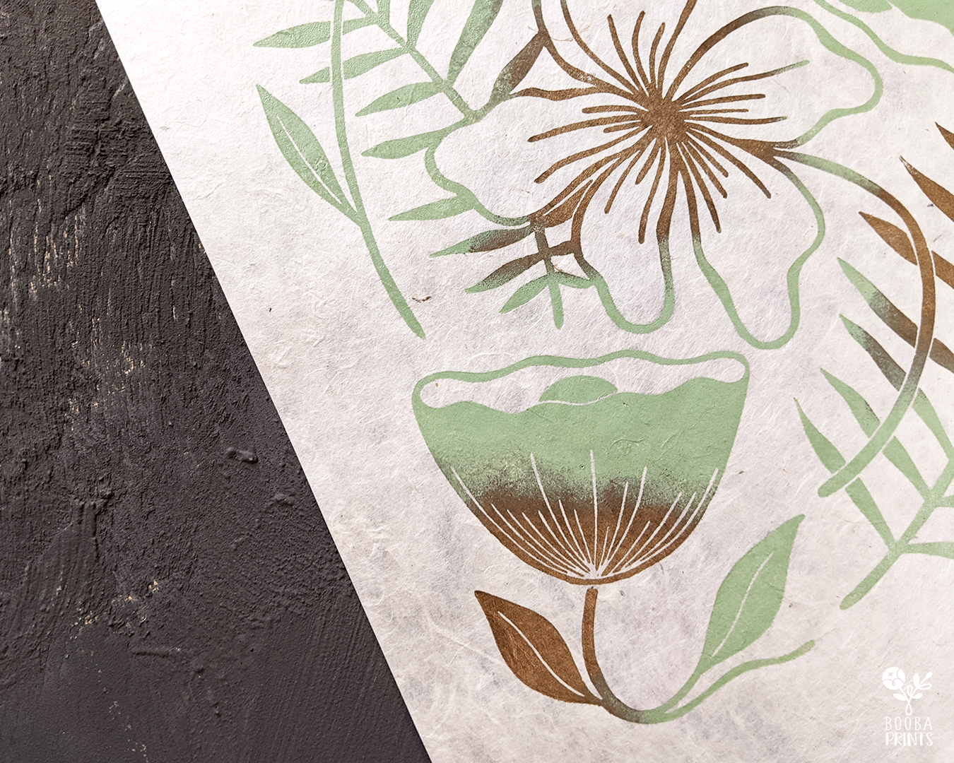 Limited Edition #7 Green & Gold Flowers Linocut Print