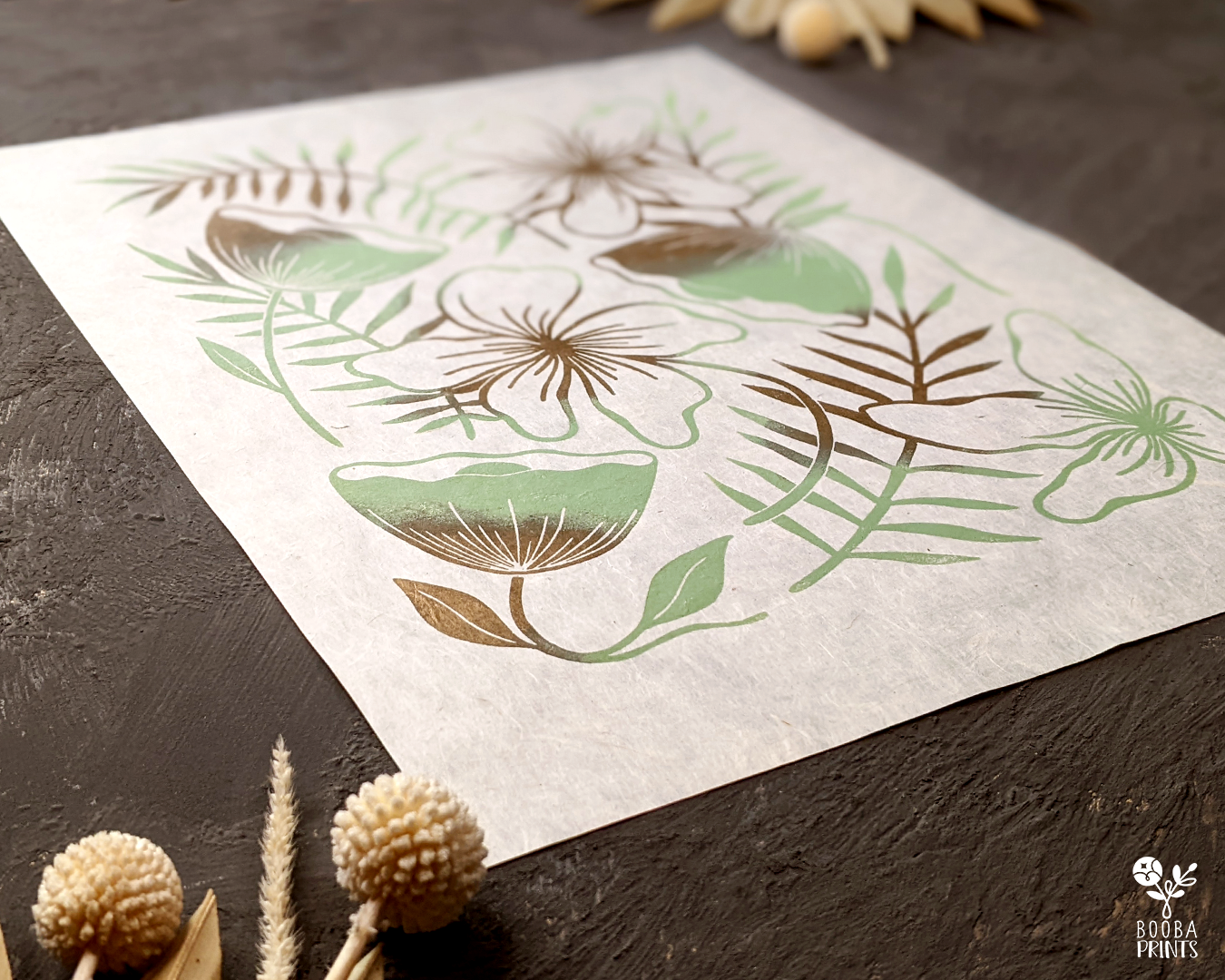 Limited Edition #7 Green & Gold Flowers Linocut Print