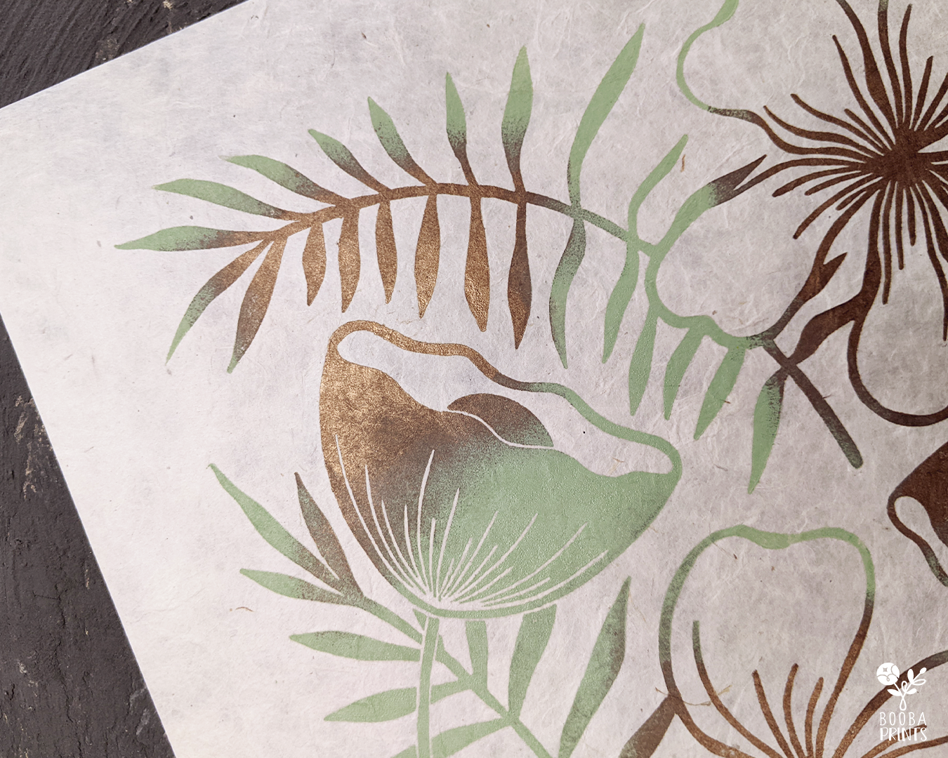 Limited Edition #7 Green & Gold Flowers Linocut Print