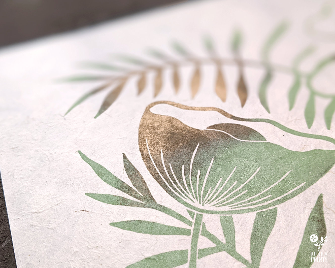 Limited Edition #7 Green & Gold Flowers Linocut Print