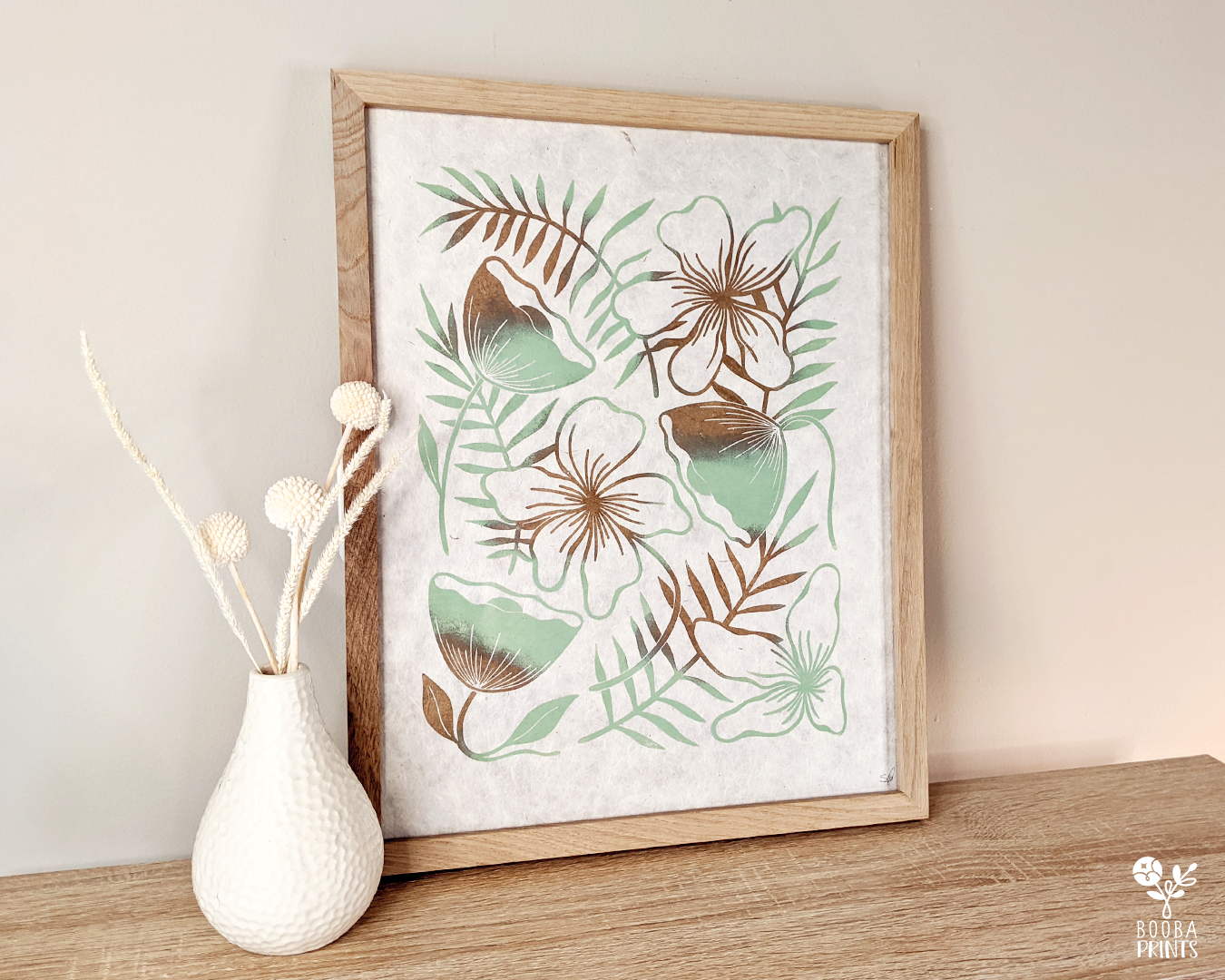 Limited Edition #7 Green & Gold Flowers Linocut Print