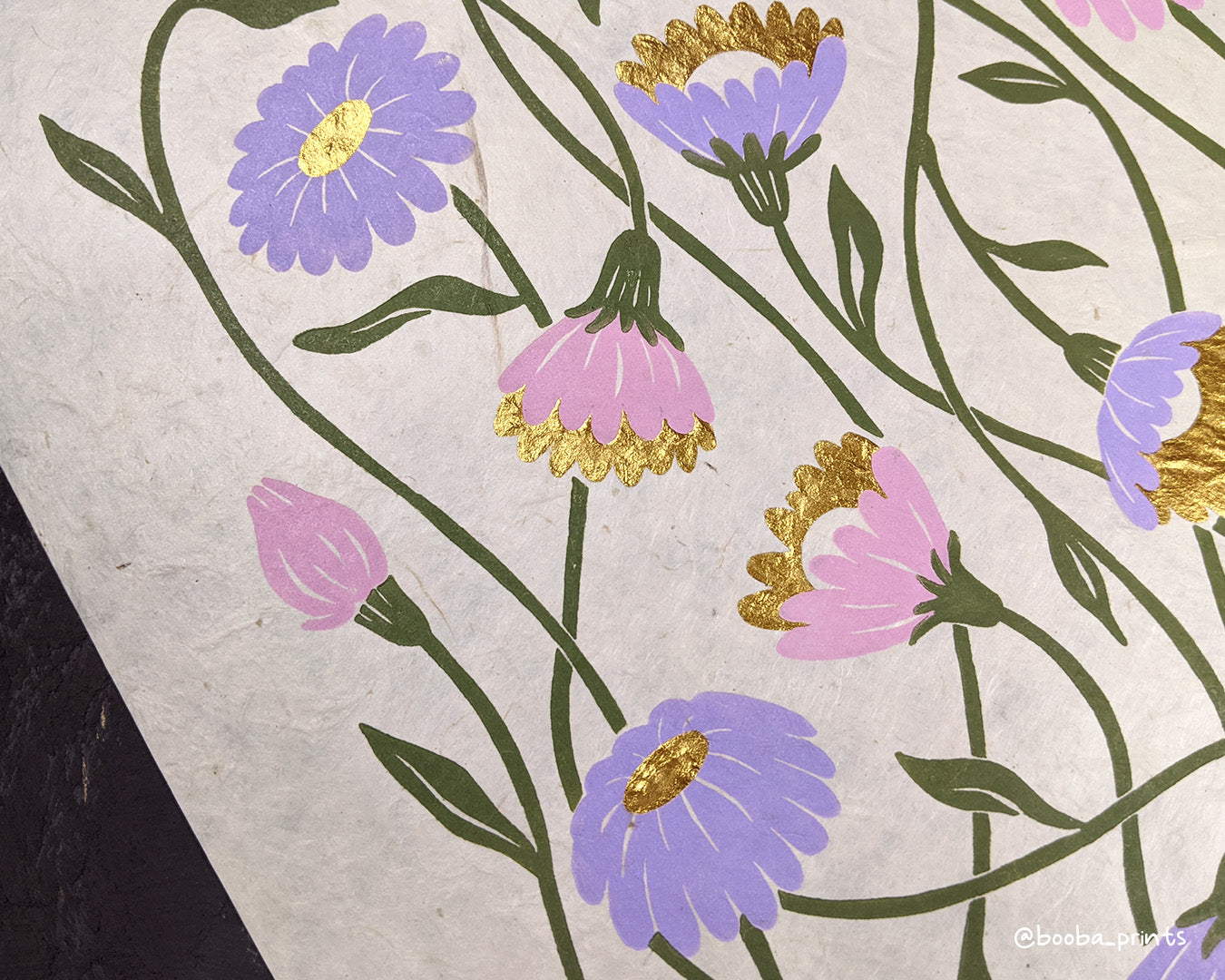 Original linocut 4 color linocut illuminated print named "Flower Dance". Printed in pink, purple and green and finished with gold touches. Elegant print for home decor. Flower lover gift. Print for gallery wall, studio decor, office decor. Art by Booba Prints